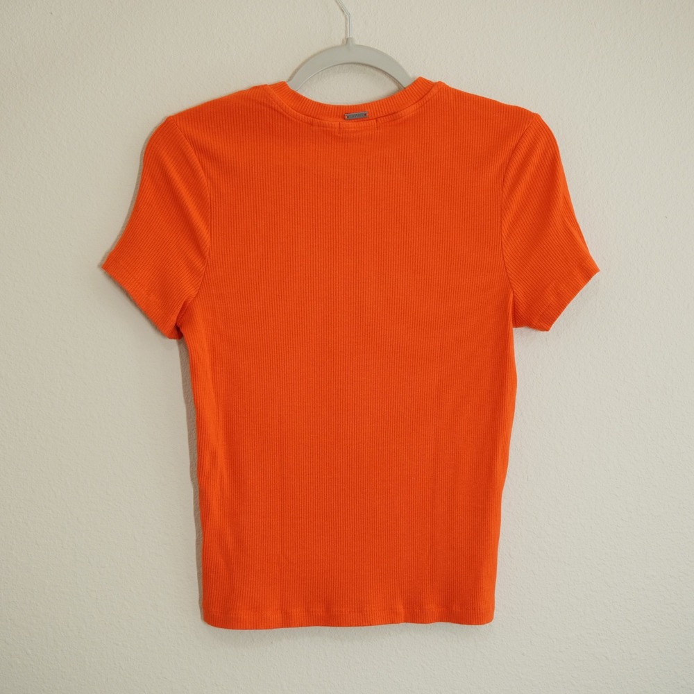Prana Womens Size Large Orange Ribbed Short Sleeve Crew Neck T-Shirt Casual Soft - Picture 4 of 4